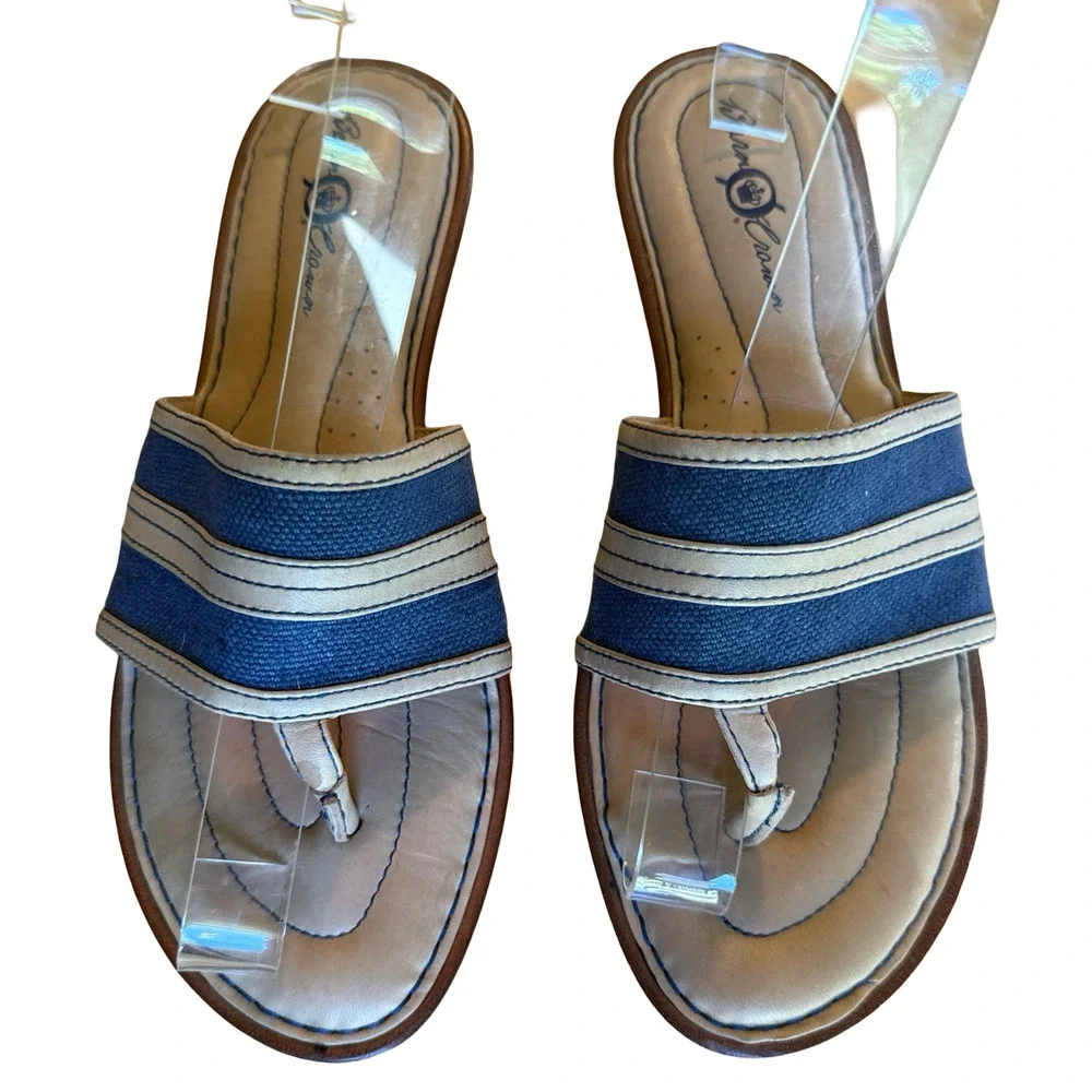 Born Crown Beige Blue Leather & Canvas Thongs Slides Flip Flops Sandals sz 8